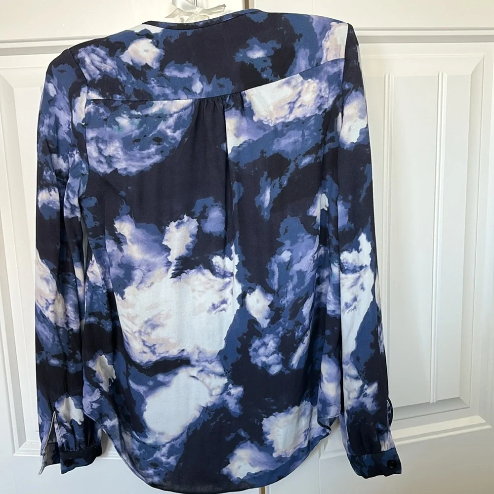 Kate Spade New York Long Sleeve Printed Crepe Blouse in “Blue Dusk”